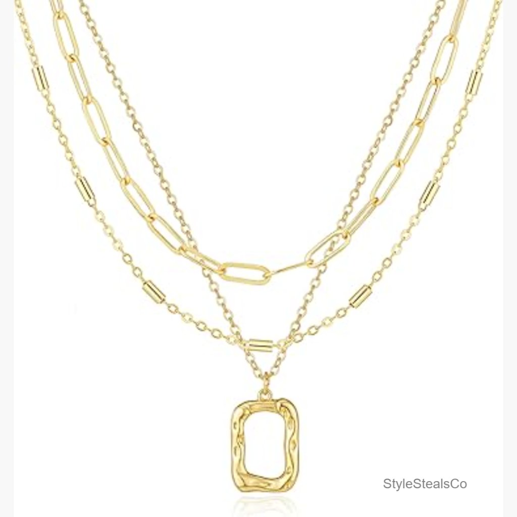 3 Layer Gold Plated Layered Necklace With Pendant, Dainty Minimalist Jewelry